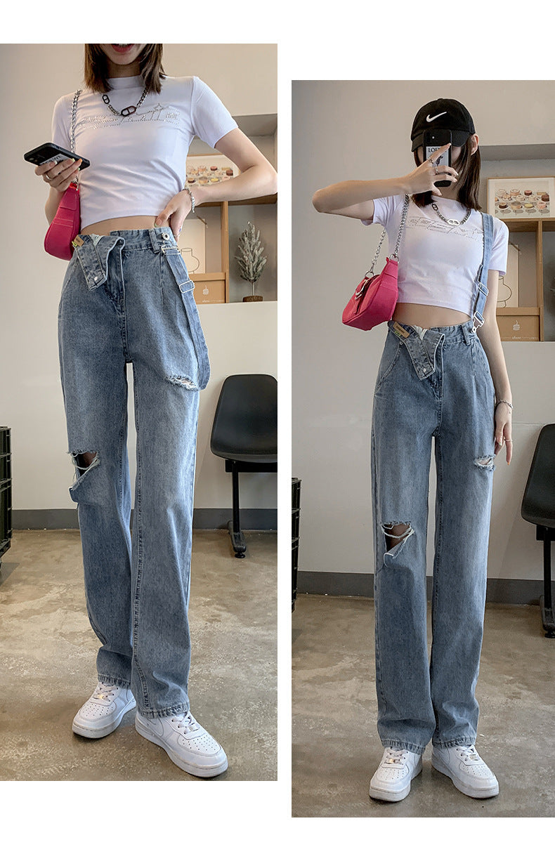 Ripped Jeans With Diagonal Suspenders For Women